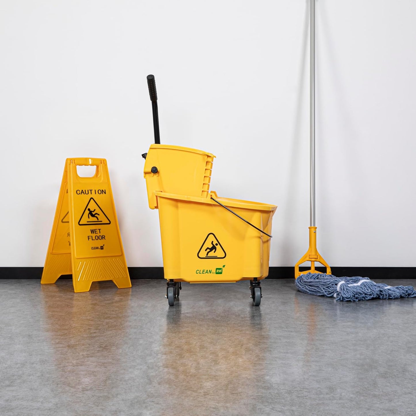 Shop RW Clean 38 Quart Industrial Mop Bucket 1 Combo Mop Wringer Bucket - with Side Press Wringer Built-In Casters Yellow Plastic Commercial Mop Bucket Carry Handle for Commercial Use at GermBlast.Shop