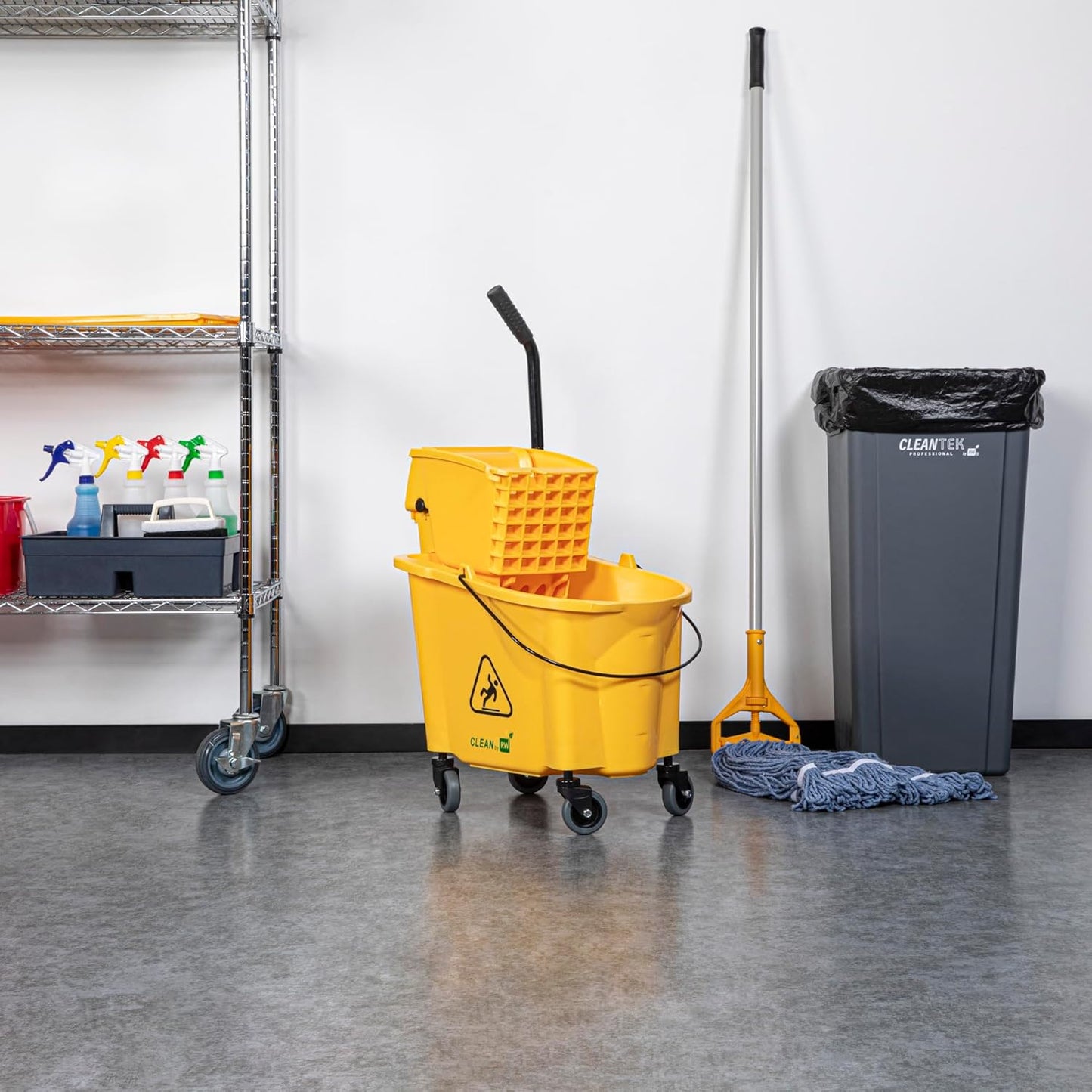 Shop RW Clean 38 Quart Industrial Mop Bucket 1 Combo Mop Wringer Bucket - with Side Press Wringer Built-In Casters Yellow Plastic Commercial Mop Bucket Carry Handle for Commercial Use at GermBlast.Shop