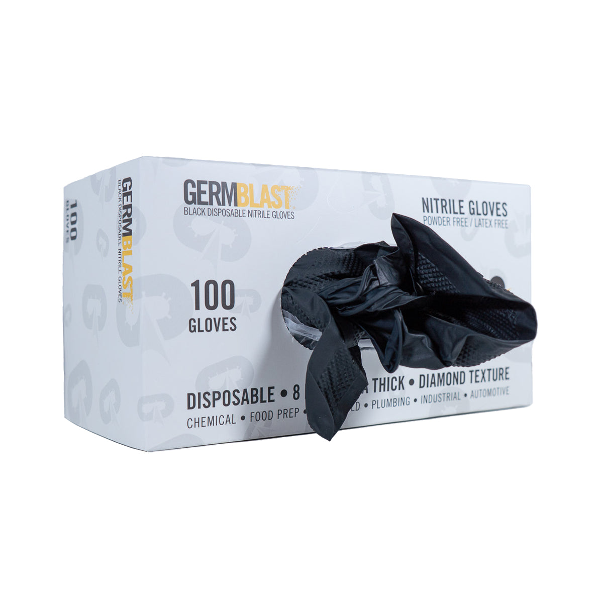 GermBlast Black Nitrile Disposable Gloves, 8 Mil Extra Thick, Diamond Texture, Powder Free, Latex Free, 100 Count - GermBlast