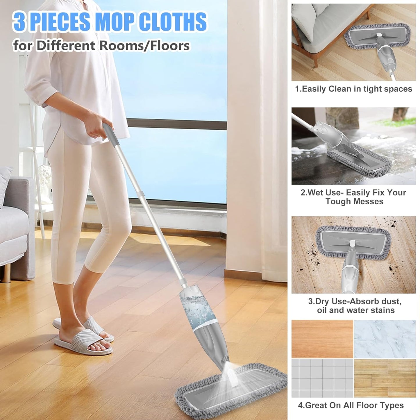 Microfiber Spray Mops for Floors Cleaning, Dust Mop Wet Mop with 3 Washable Pads,440Ml Refillable Water Tank and 1 Scraper Floor Mop for Hardwood,Laminate Floors,Ceramic