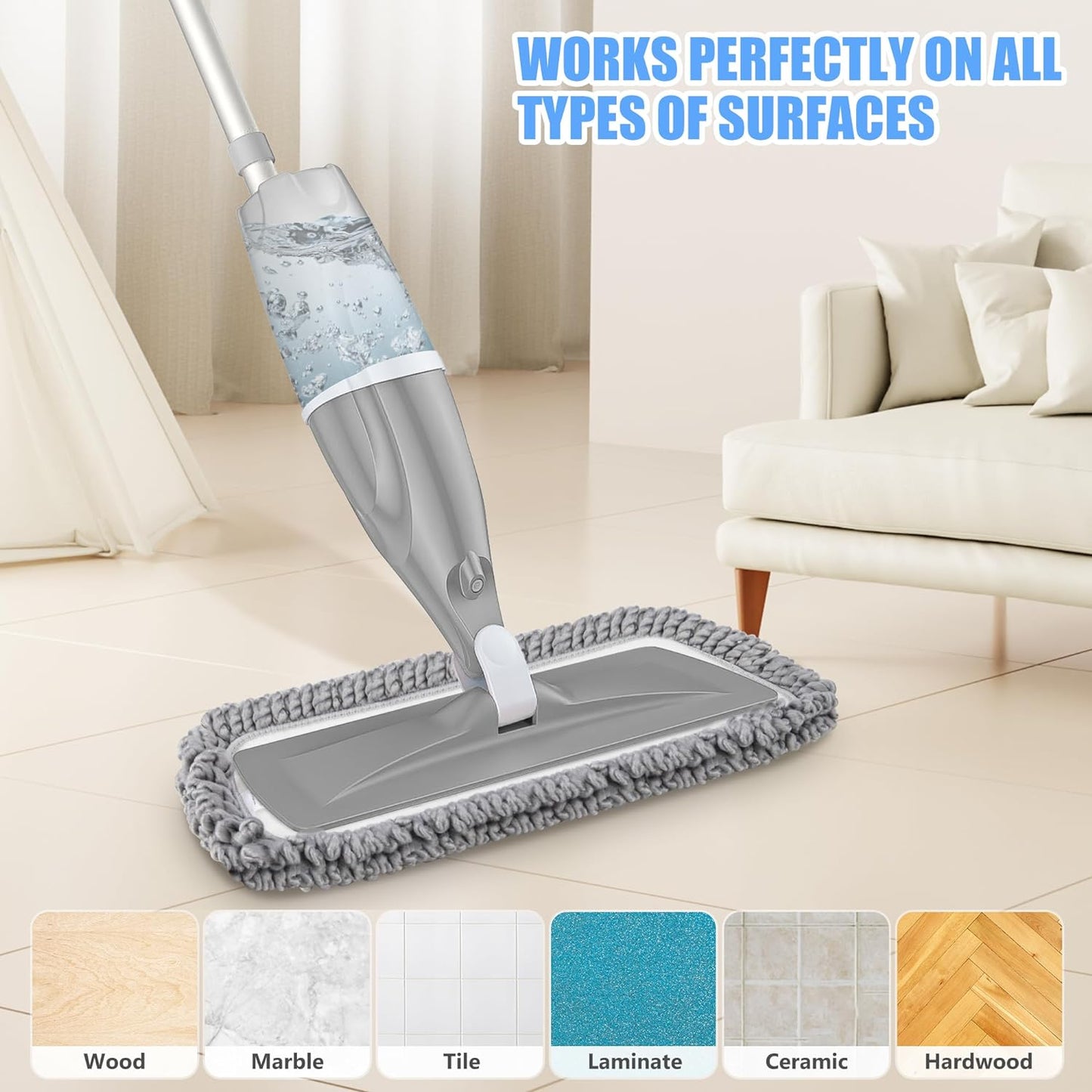 Microfiber Spray Mops for Floors Cleaning, Dust Mop Wet Mop with 3 Washable Pads,440Ml Refillable Water Tank and 1 Scraper Floor Mop for Hardwood,Laminate Floors,Ceramic