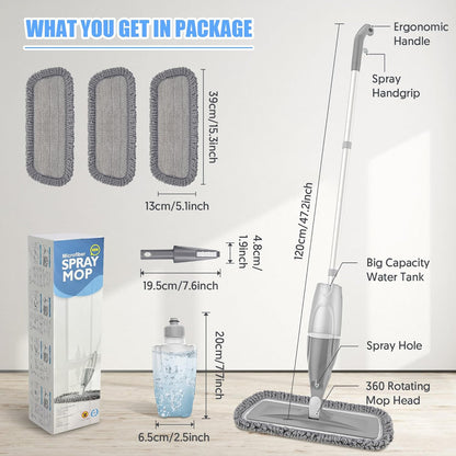 Microfiber Spray Mops for Floors Cleaning, Dust Mop Wet Mop with 3 Washable Pads,440Ml Refillable Water Tank and 1 Scraper Floor Mop for Hardwood,Laminate Floors,Ceramic