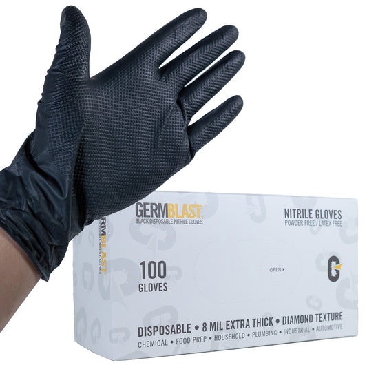 GermBlast Black Nitrile Disposable Gloves, 8 Mil Extra Thick, Diamond Texture, Powder Free, Latex Free, 100 Count - GermBlast