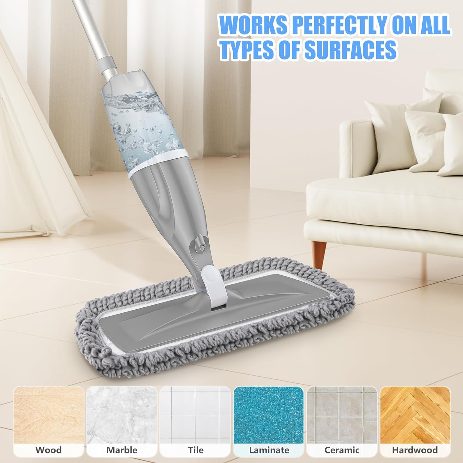 Microfiber Spray Mops for Floors Cleaning, Dust Mop Wet Mop with 3 Washable Pads,440Ml Refillable Water Tank and 1 Scraper Floor Mop for Hardwood,Laminate Floors,Ceramic